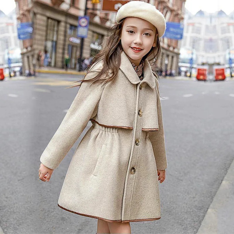 Winter Beige Thick Long Jackets Little Kids Girls Coat Breasted Woolen Overcoat Cotton Trench Jackets Teenage Girl Coat 216Y 251015