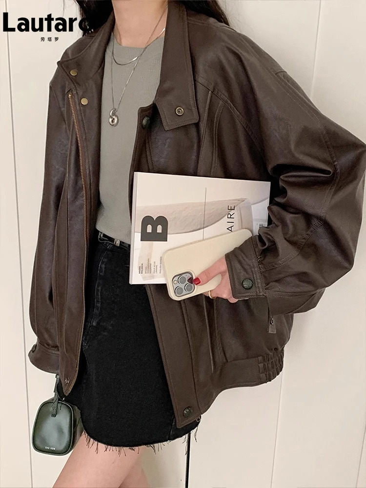 Lautaro Autumn Cool Brown Oversized Leather Jacket Women Drop Shoulder Long Sleeve Zippper High Quality American Retro Clothing 251010