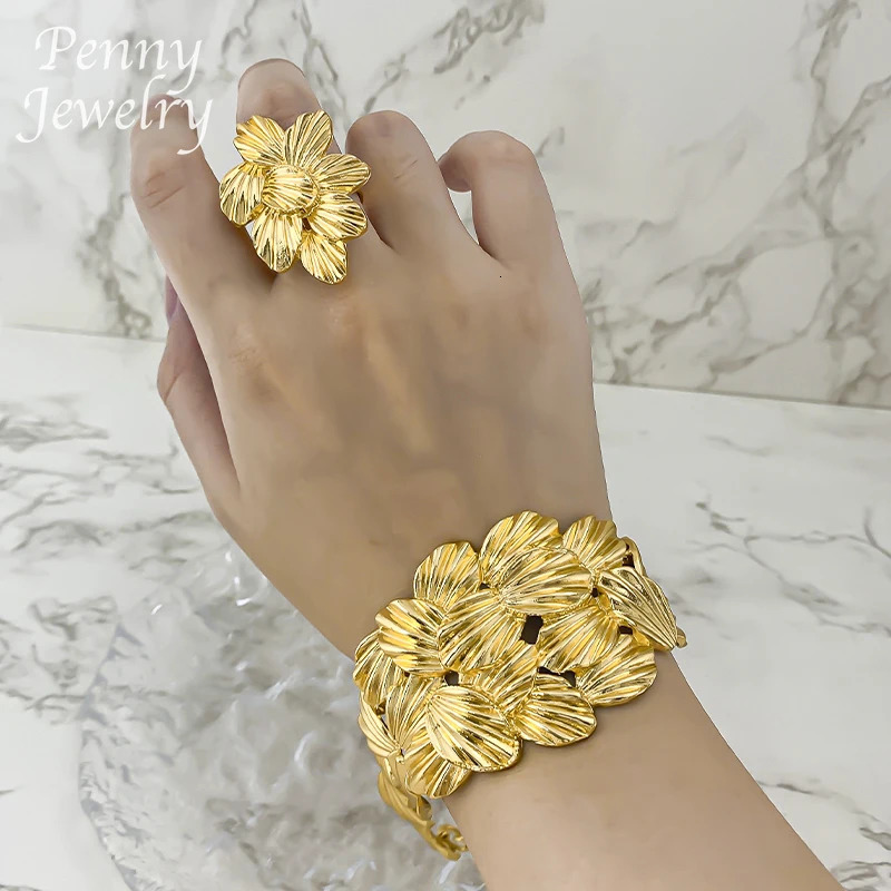 Textured Collar Necklace Drop Earrings Bracelet Ring Big Size Choker Gold Plated Jewelry Set Bridal Wedding Party Gifts 251016