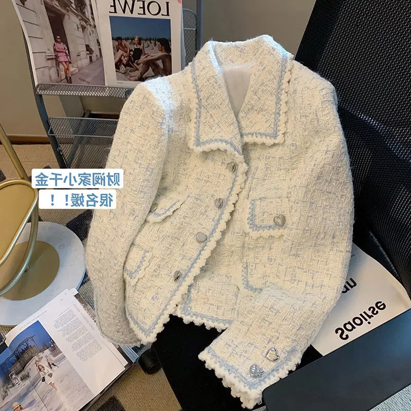 Coat for Women with a Sophisticated French Retro Socialite Temperament Featuring a Collar and Coarse Tweed Short Top 251009