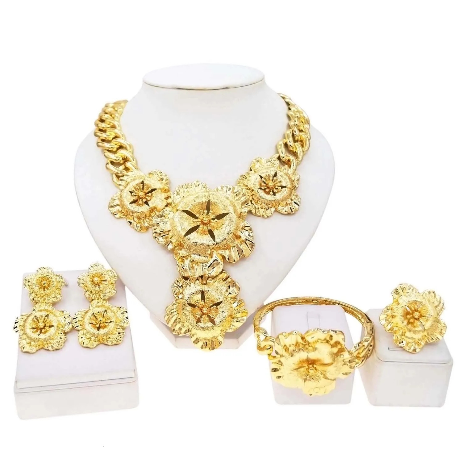 Necklace For Women Fashion Cuban Chain Necklace Gold Flower Pendant Wedding Bijoux Gold Plated Earrings Ring SYHOL 251016