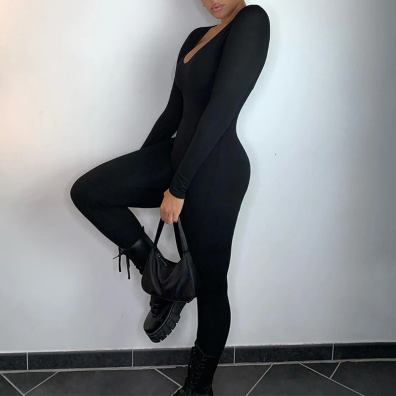 Sexy Black Jumpsuits For Women Autumn Long Sleeve Solid Bodycon Basic Rompers Fashion Activity Streetwear Casual Skinny Overall 251016