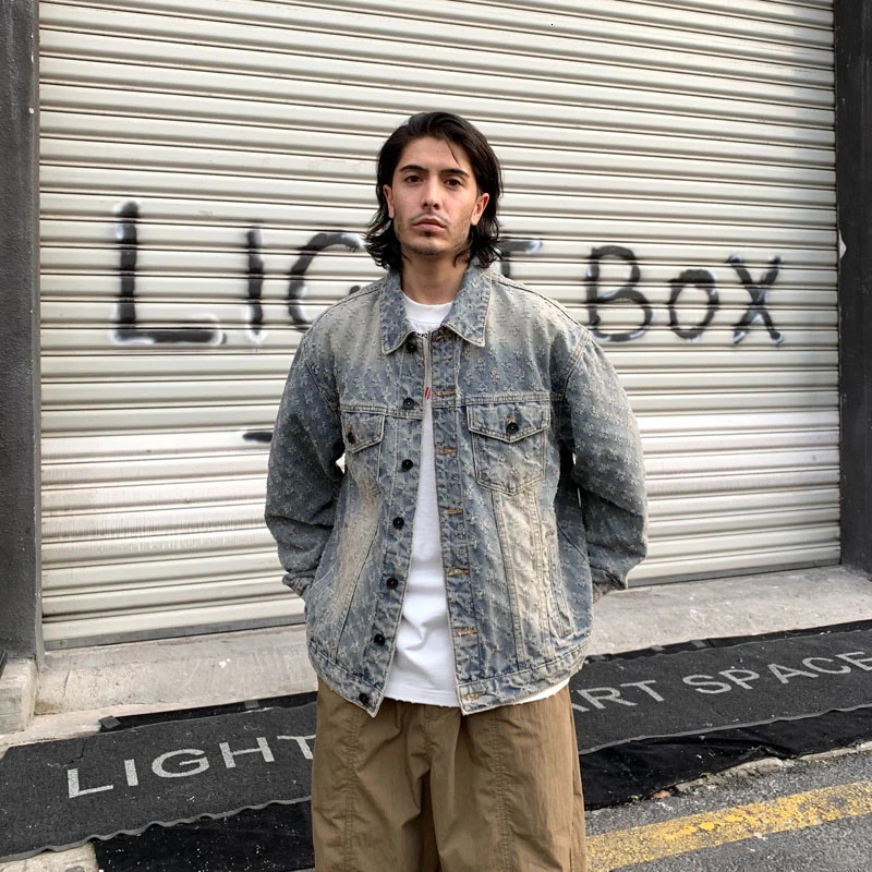 European Autumn Winter Ivory White Denim Coats For Men Jacquard Pattern Ripped Washed Male Oversized Jeans Jackets 251014