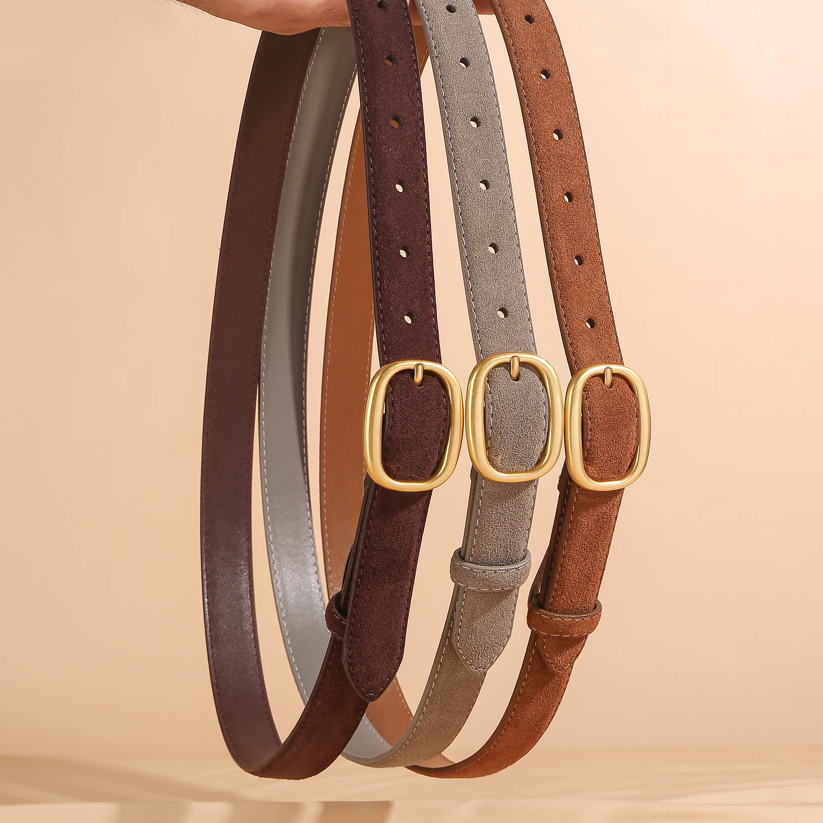 Fashion deerskin suede womens belt square metal pin buckle to match dress jeans belt 251016