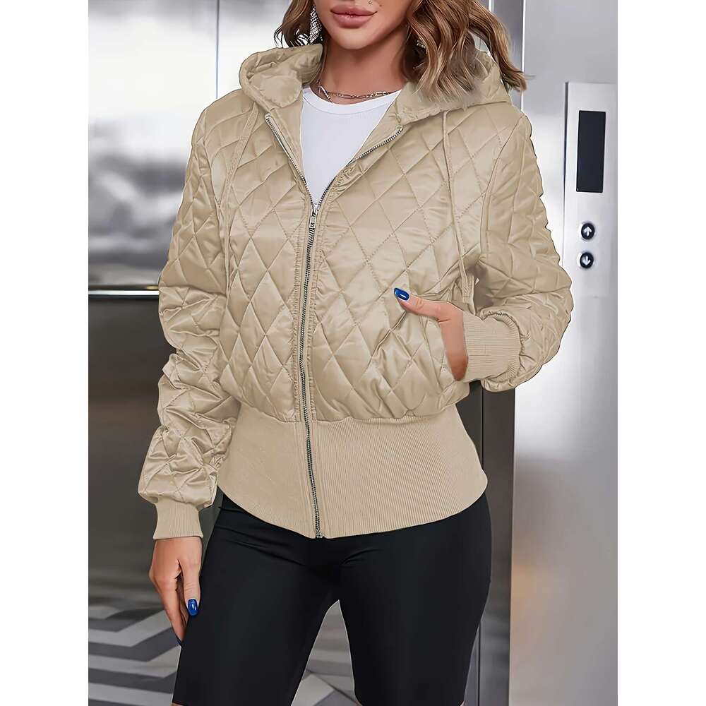 Women's Thick Zip-Up Hooded Jacket Olive Green Full-Zip Front Closure, Non-Stretchy Structured Fit Coat For Casual, Formal, - Hine Washable Outer
