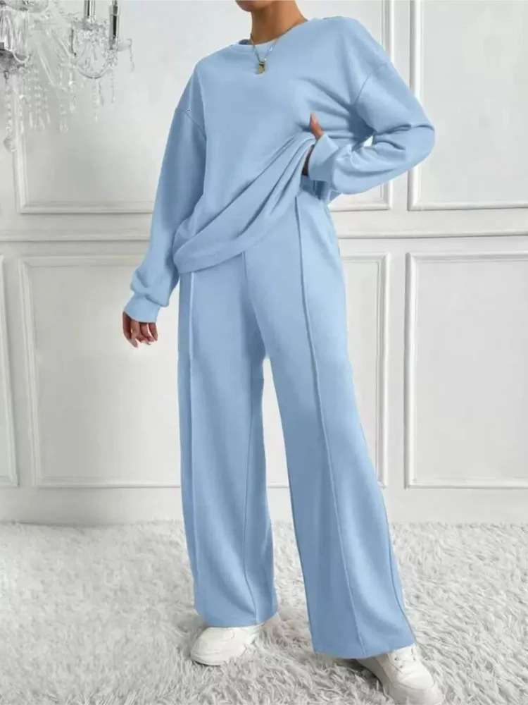 Twopiece Set For Woman Casual Oneck Long Sleeves Sweatshirt Wideleg Pants Suits Autumn Winter Ladies Fashion Office Outfit 251016