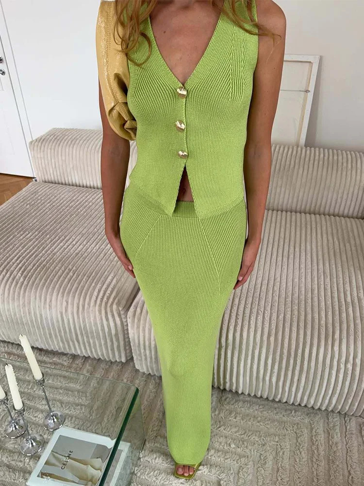 Trendix Knit Skirt Sets For Women Fashion V Neck Sleeveless Tank Top Vacation Beach Party Boho Elegant Knitwear Dress Sets 251014