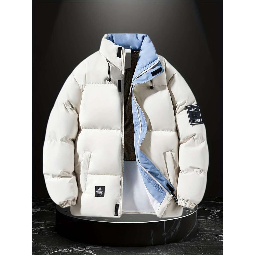 Men's Windproof With Graphene Lining Stand Collar Thick Full-Zip Front, Loose Fit For Skiing, Snowboarding & Ctivities - White/Turquoise Blue -Fi