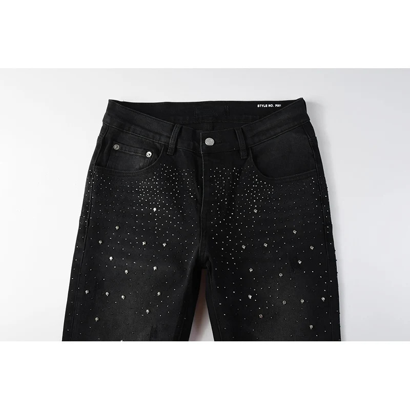 Black Mens American High Street Distressed Rhinestones Patterns Skinny Ripped Button Fly Jeans Pants 251017