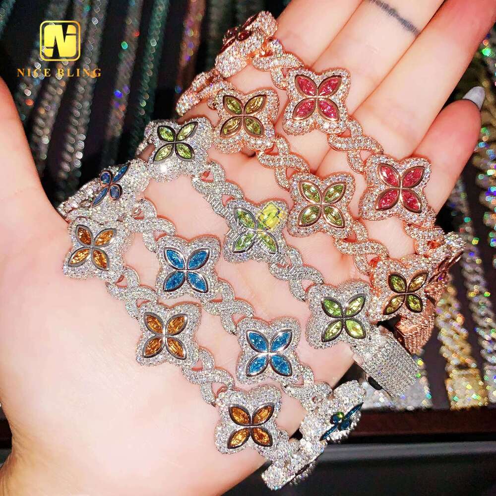 12 Options Colorful Flower Bracelet Ready Stock Hip Hop Fancy Dia Cuban Link Chain Moissanite Sier