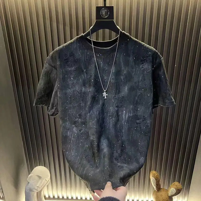 Summer Mens Shortsleeved Trendy Distressed Roundneck Halfsleeve Tshirt Top 251018