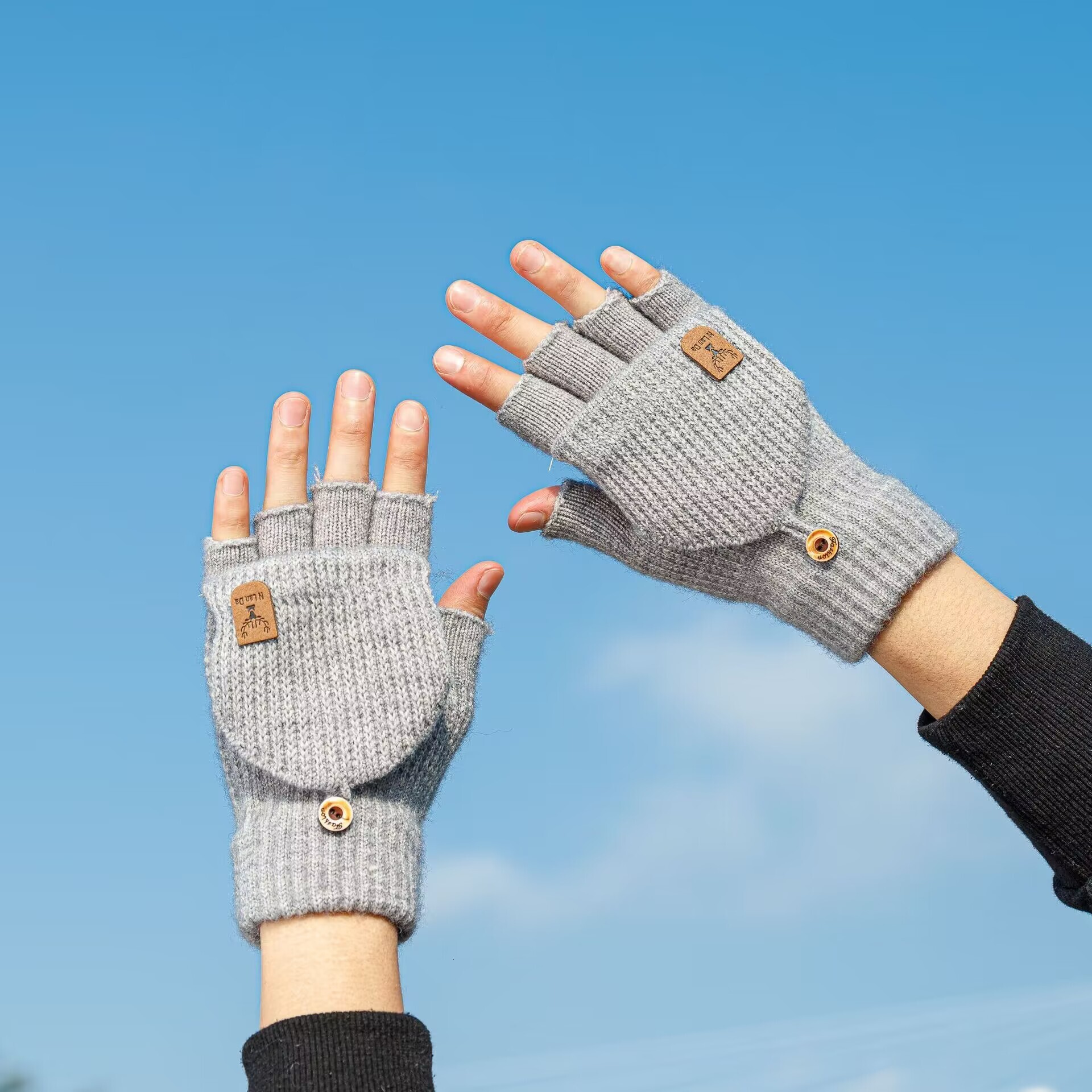 Warm Winter Knitted Gloves for Riding, Outdoor, Finger-separated, Flip Cover, Unisex, Fleece-lined, Thickened, Protective