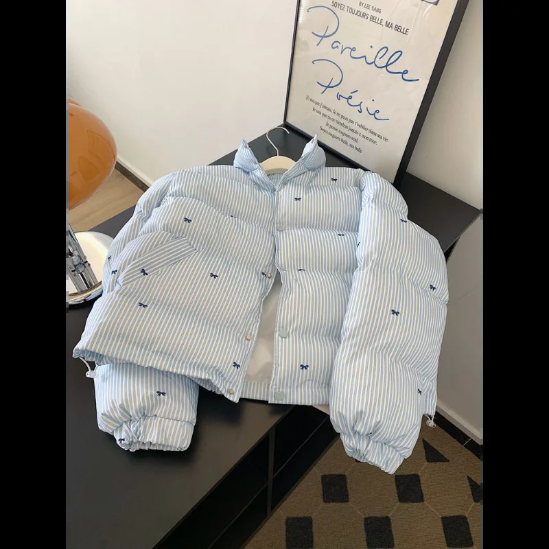 Short Bow Womens Jacket Blue Stripes Unique Bread Jacket with Cotton Jacket 251009