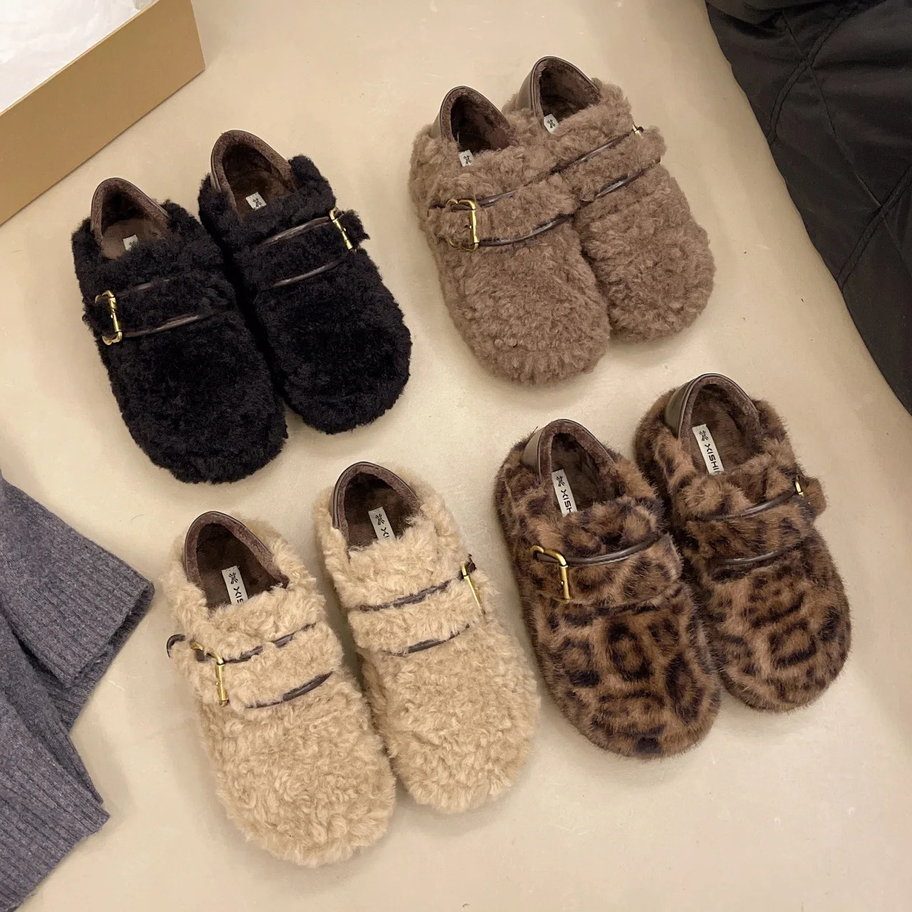 thick botton wool fur flats women buckle belt leopard slip on loafers female round toe sheep fur winter shoes woman mocasines 251013
