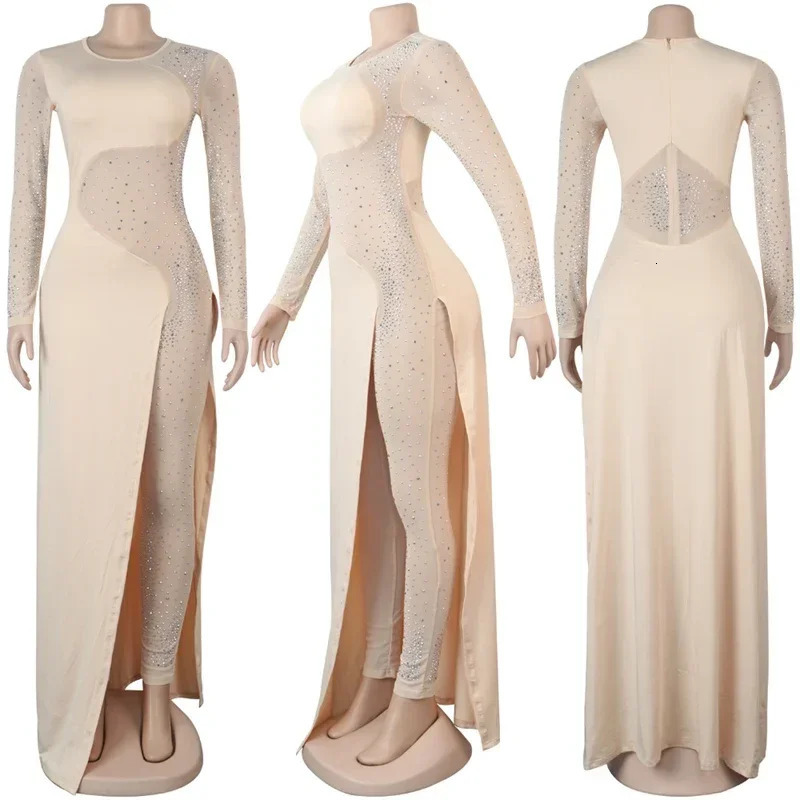 Sexy Rhinestone Jumpsuits for Women Long Sleeve Sheer Mesh Patchwork Skinny Night Party Club Romper Overalls Birthday 251016