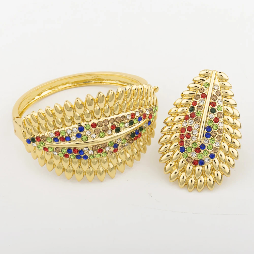 Trendy Colorful Jewelry Set for Women Zircon Collor Earrings and Necklace Large Gold Plated Bracelet Ring Style Jewelry Gift 251016