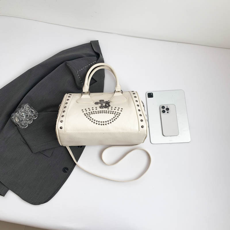 Luxury Brand Designer Bag Large Capacity Punk Style Commuter Boston Cylinder Handbag For Women, Niche Rivet Shoulder Bag