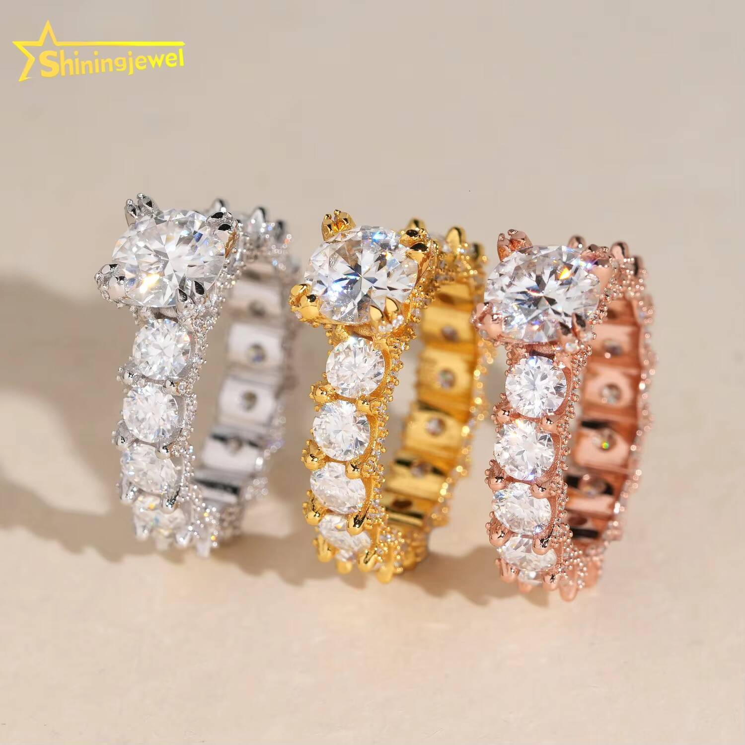 Shiningjewel New Luxury Eternity Ring Side Setting GRA Certificate 925 Iced Out Diamond Engagement Wedding Band Ring Moissanite