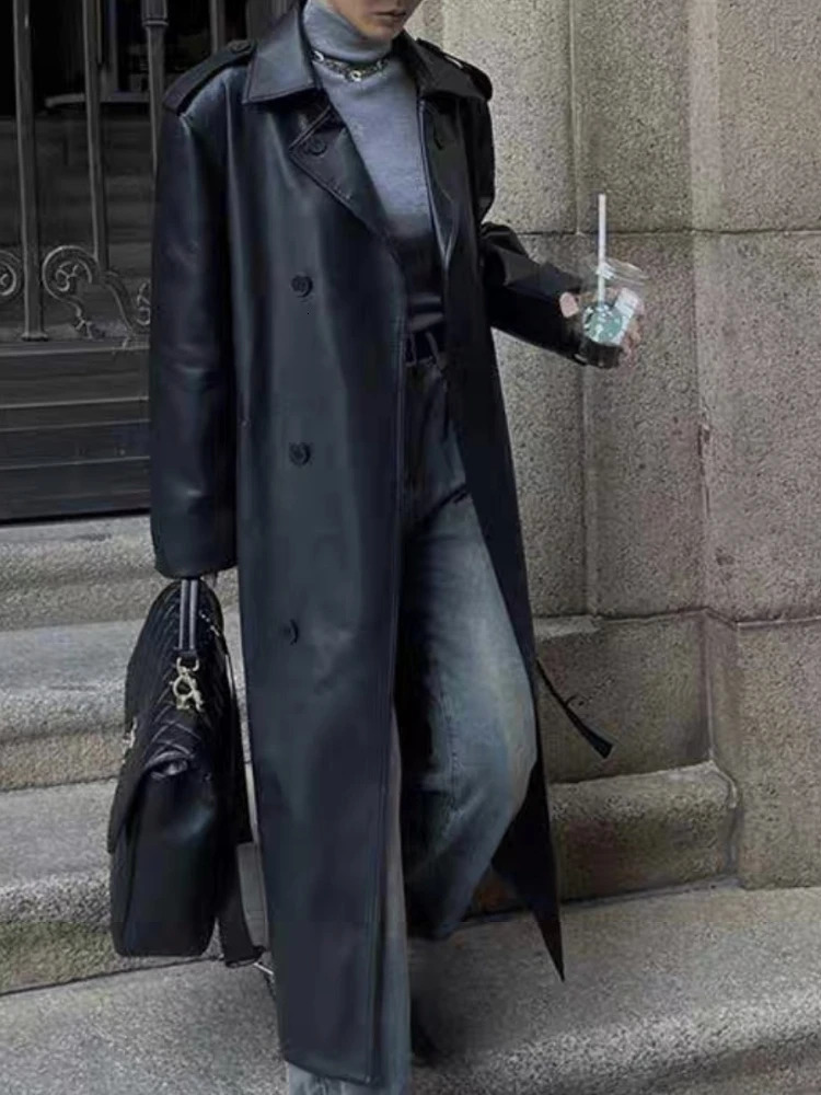 Autumn Winter Fashion Black Brown Retro Medium and Long Knee Pu Leather Jacket Highend Womens Loose Trench Coat 251018