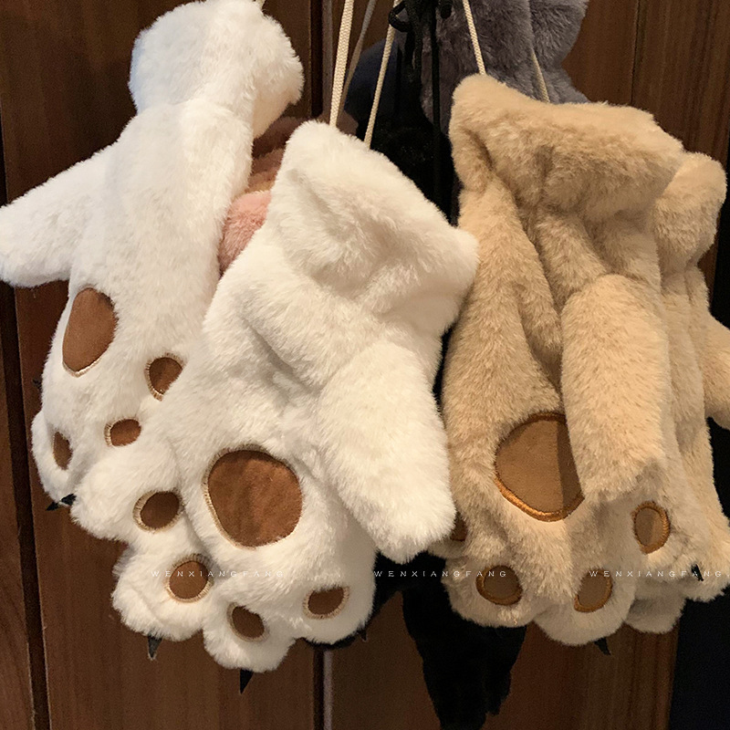 Cartoon Cute Bear Cat Paw Plush Gloves for Women, Neck Hanging, Girls, Students, Fleece Lined, Thickened, Cold-Proof, Winter, Riding, Trendy