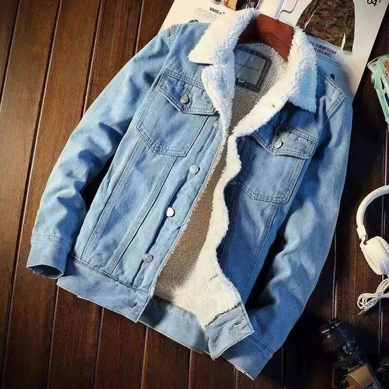 hoodie Winter Fleece-lined Thickened Denim Men's Korean Trendy Loose Fit Top Japanese Style Jacket For Men jacket