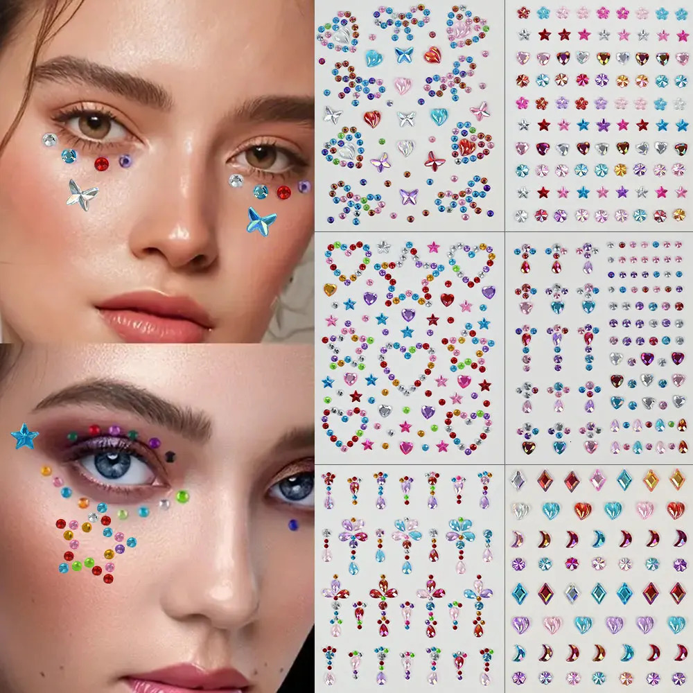1pc 3D Face Aurora Crystal Diamond Tattoo Stickers DIY Eyes Face Body Star Pearl Rhinestones Festival Makeup Tattoos Stickers 251015