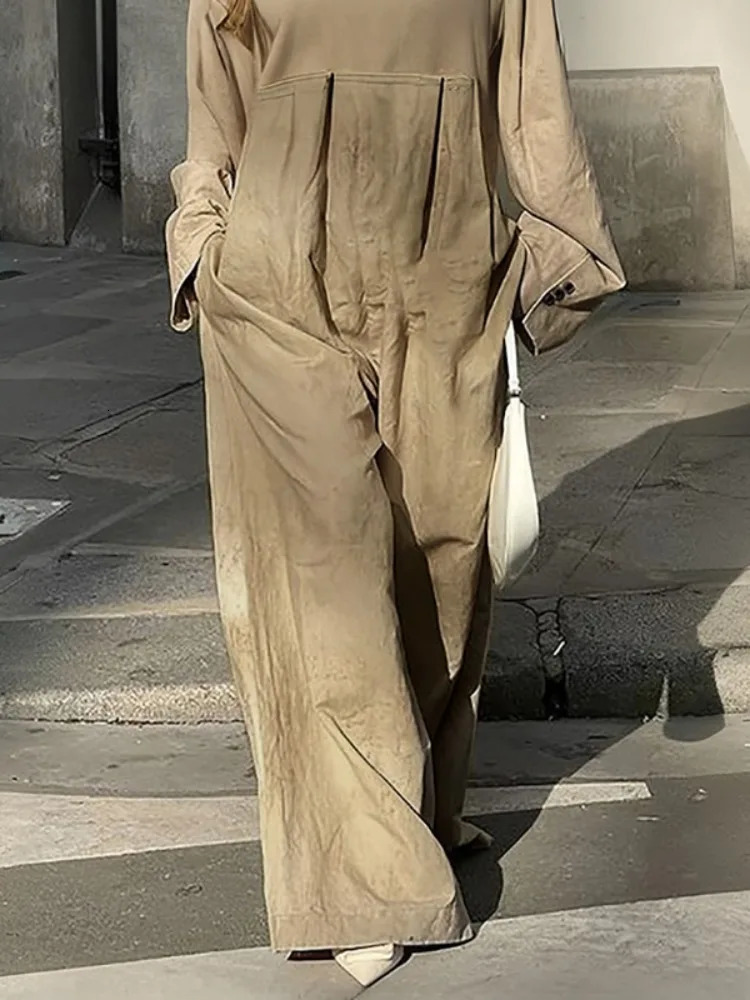 Freeacy Womens Loose Fit Splitjoint Jumpsuit Round Neck Long Sleeves Wide Leg Floor Length Coveralls Onepiece Suit 251016