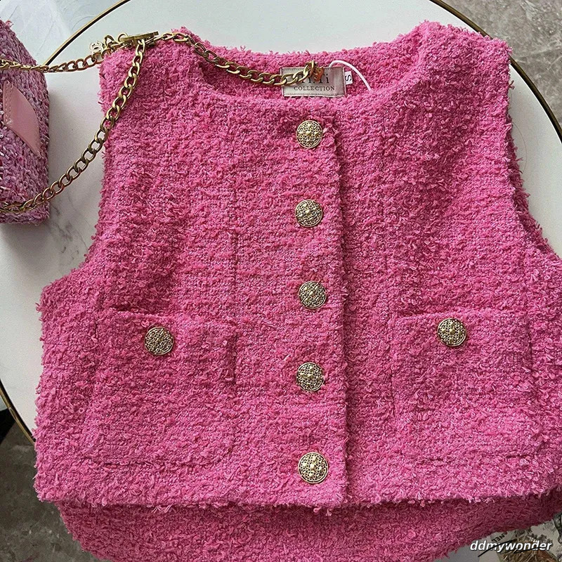 Tweed Vest Womens: Elegant O-Neck Sleeveless Wool Jacket, Korean Style Jacket. Lightweight Pink And White Coat For Women Ddmywonder