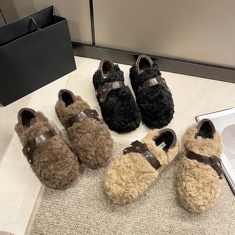 Womens Winter Footwear Warm Ladies Causal Cotton Shoes Furry Hairy Soft Versatile Women Fashion Black Plush Flat Shoes 251013