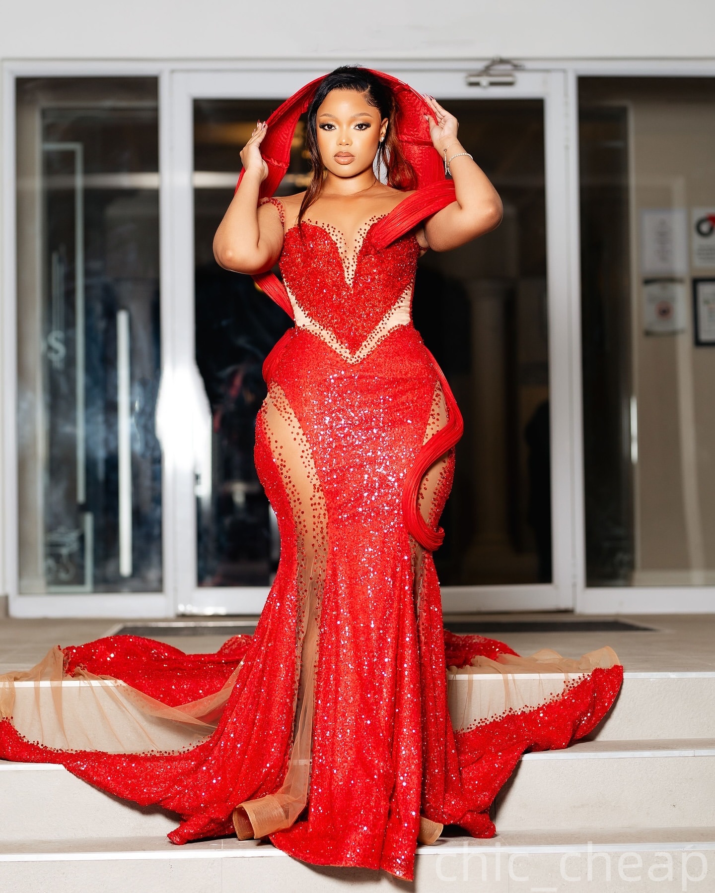 Red Mermaid Prom Dresses 2025 Crystals Illusion Stylish Sequined Evening Formal Party Second Birthday Engagement Gowns Plus Size Dress For Special Occ