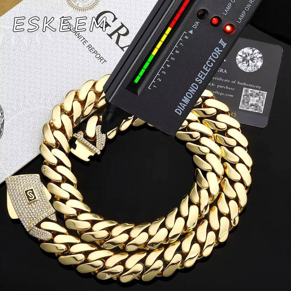Eskeem 20mm Monaco Cuban Link Chain 14K Gold Plated Silver Iced Out VVS Moissanite Clasp Smooth Necklace Hip Hop Jewelry