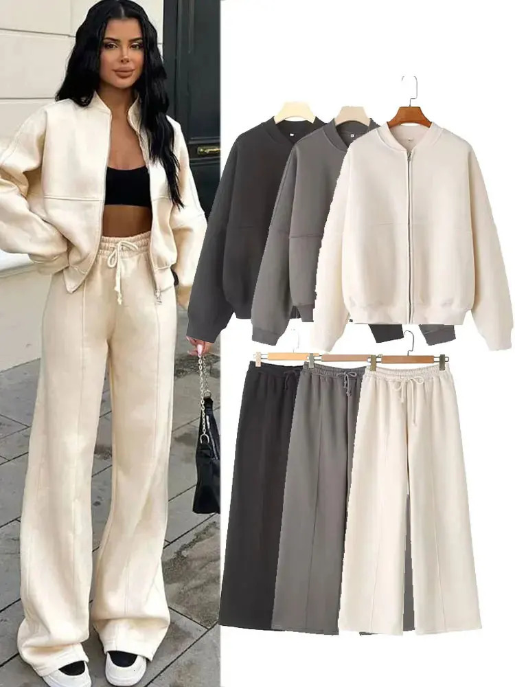 HH Womens Fall 2Piece Retro Solid Color Zip Bomber Jacket SweatshirtHigh Waist Lace Up Womens Wide Leg Pants Street Wear 251016