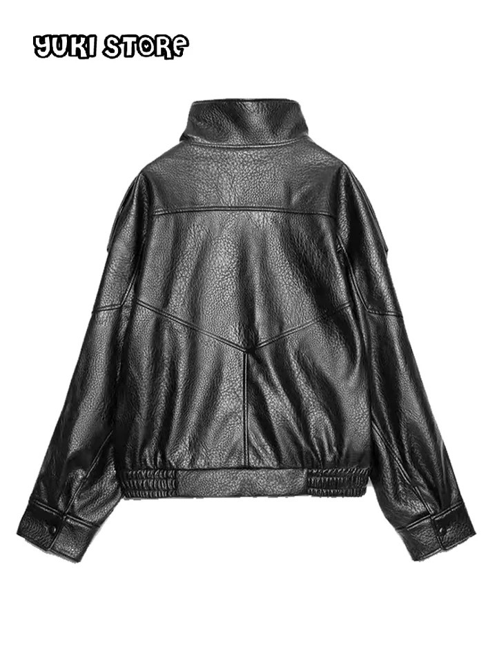 Black Stand Collar Womens Leather Jacket Loose Long Sleeve Zipper Pockets Motorcycle PU Coats 2025 Autumn Lady Outerwear 251016