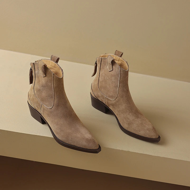 AIYUQI Womens Ankle Boots 2025 Pointed Toe Zippered Western Cowboy Boots For Women Block Heel Work Boots Female 251017