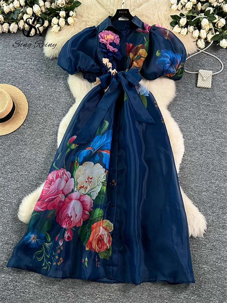 SINGREINY Original 3D Floral Organza Long Dress Female Lapel Short Sleeves High Quality French Vintage Print Maxi Dress 251018 - view 5