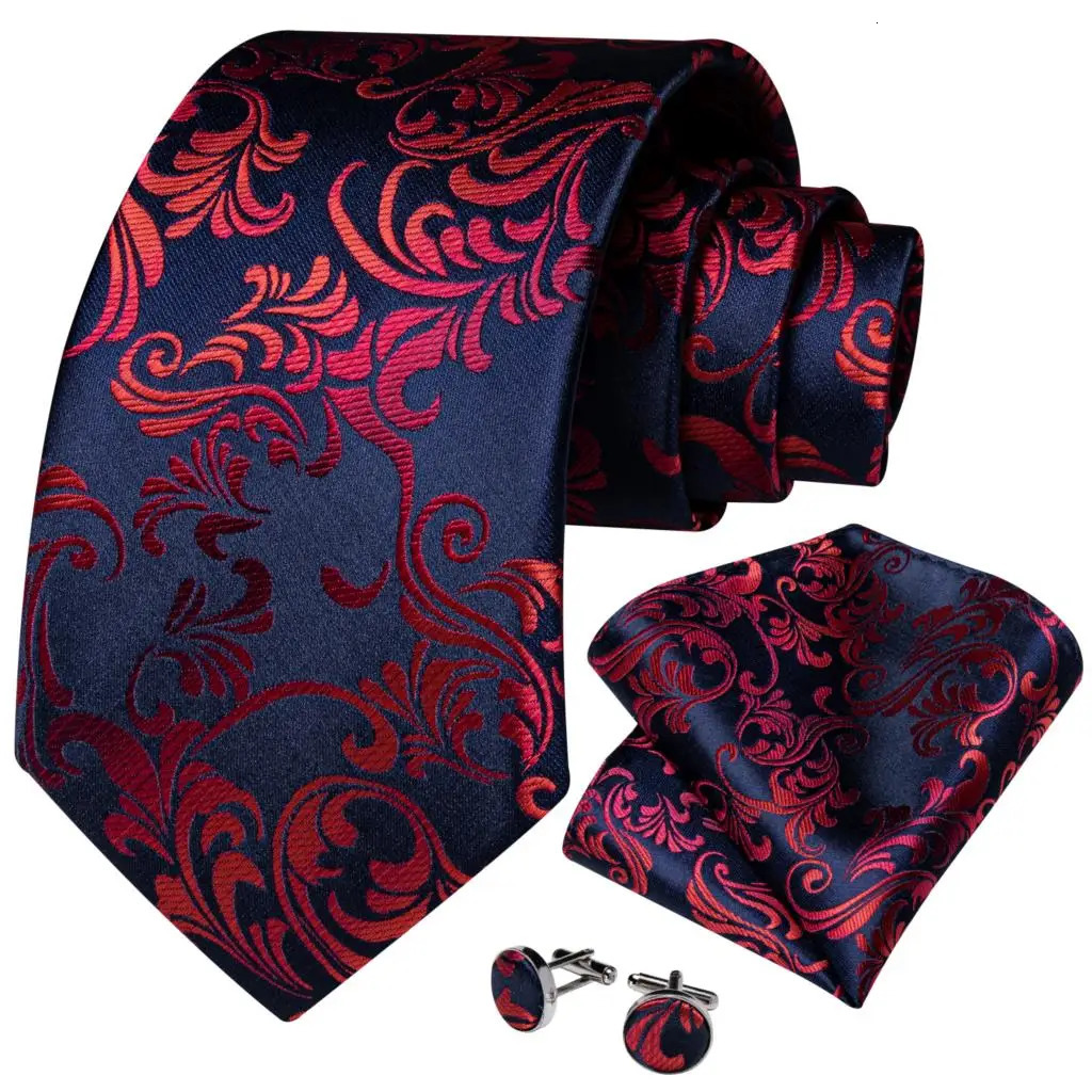 Red Floral Blue Silk Ties For Men 8cm Wide Necktie Set Pocket Square Cufflinks Brooch Pin Wedding Accessories Mens Gift 251014