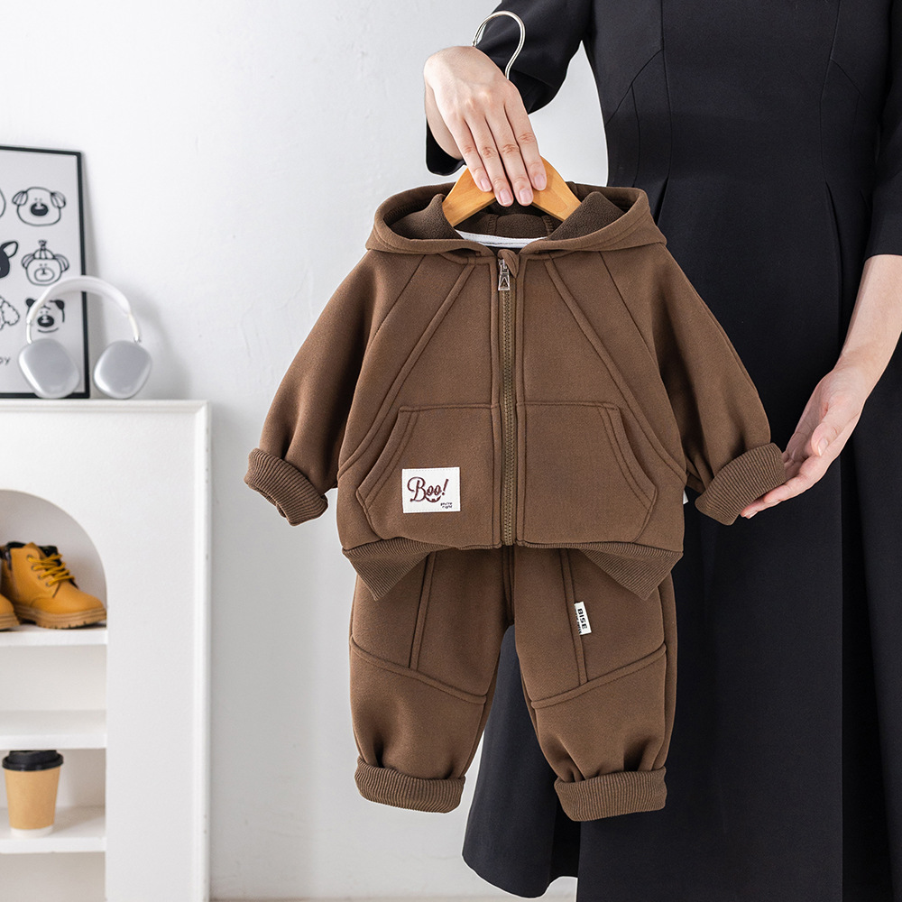 Boys' Plush Set 2025 Stylish New Children's Winter Boys' Baby Autumn Winter Solid Color Zipper Two Piece Set Trendy Free Shipping