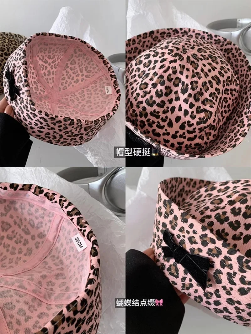 Japanese Y2K JK Yuppie Style Bow Leopard Print Sailor Hat Female Retro tie Showing Face Small Flipped Brim Beret Cap Women 251008