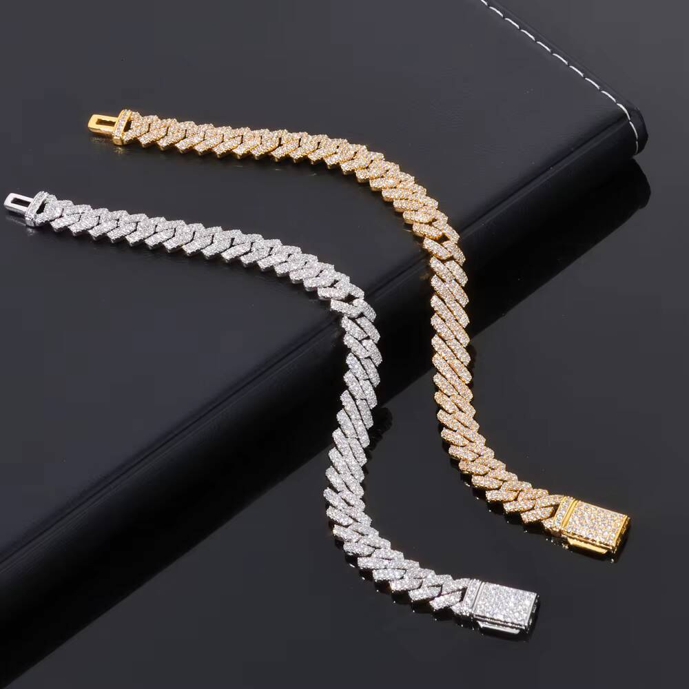 NUOYA Hip Hop Fine Jewelry 8mm Flip Button Diamond Double Row Diamond Bracelet Gold Plated Iced Out CZ Cuban Link Chain