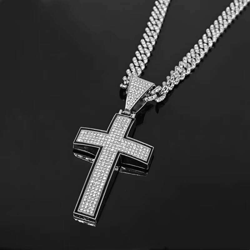Men's Bold Cross-Shaped Cuban Pendant Necklace Zinc Alloy Chain Moissanite Hip-Hop Style