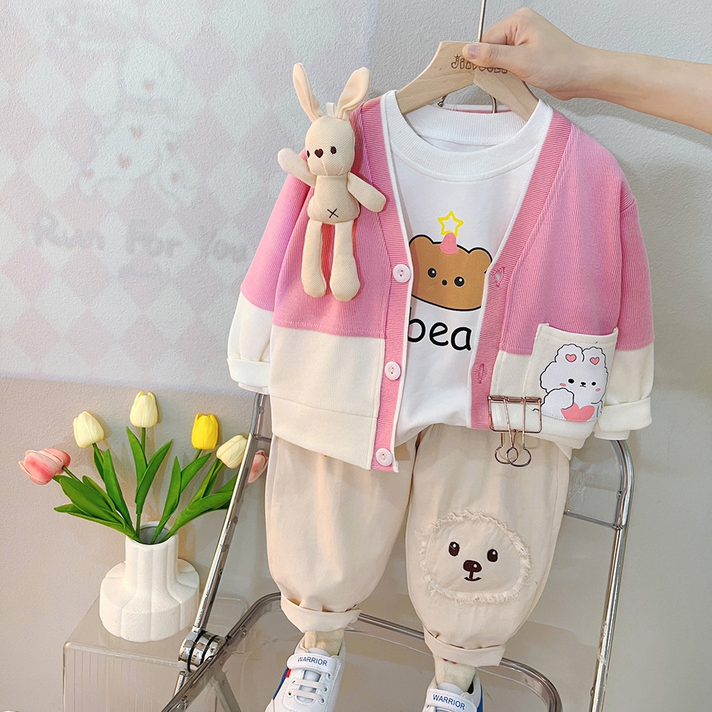 Baby cardigan three piece set for spring and autumn, 2025 new trendy children's clothing for boys and girls, spring set, college style, free ship
