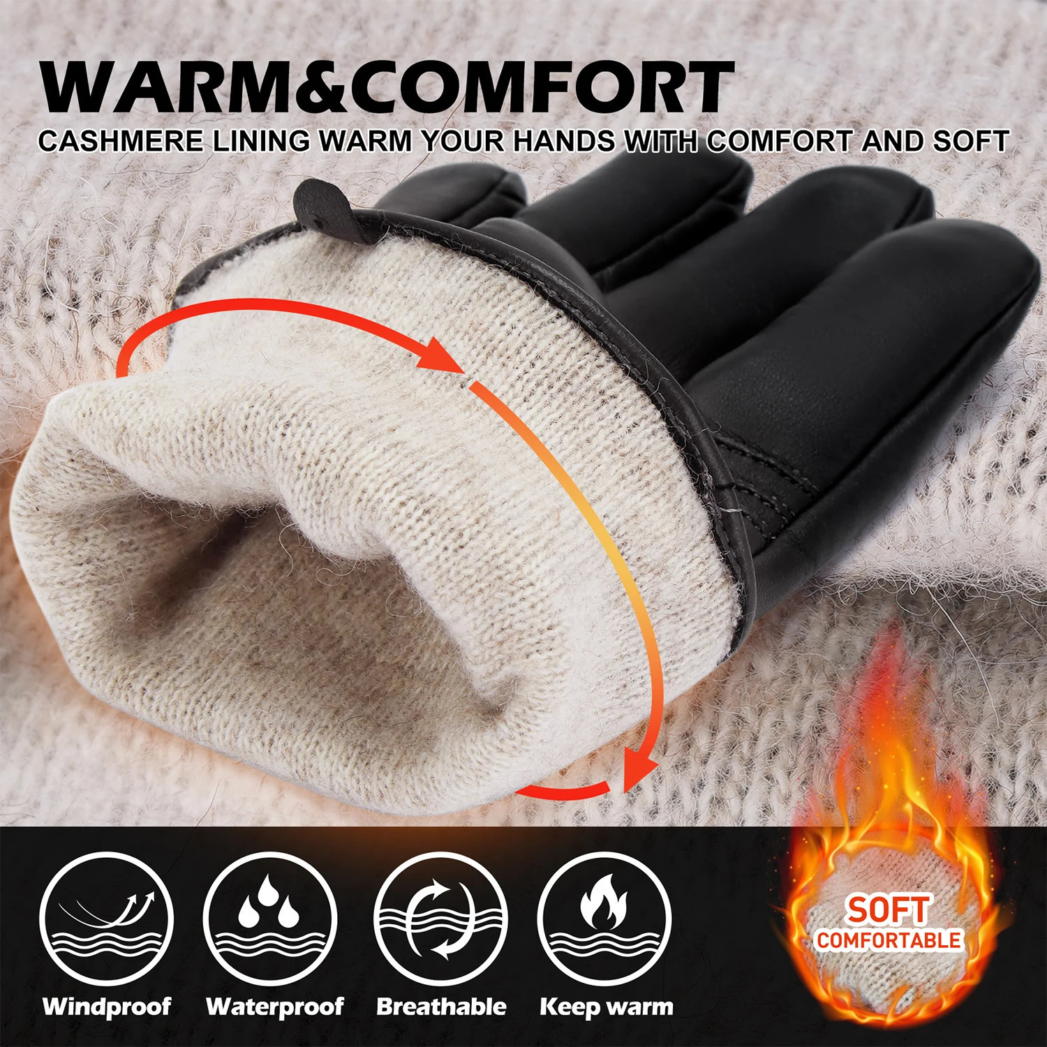 BISON DENIM Sheepskin Leather Gloves for Men Winter Warm Cashmere Lined Touchscreen Sport Gloves for Running Cycling Ski Driving 251015