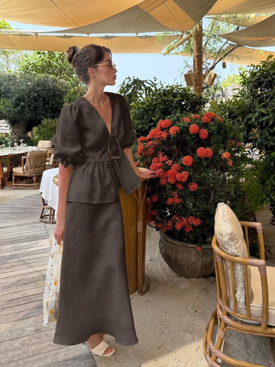 Bornladies Summer Womens 100 Cotton VNeck LaceUp Bubble Sleeve Shirt Long Skirt Set Loose Casual TwoPiece Suit 251014