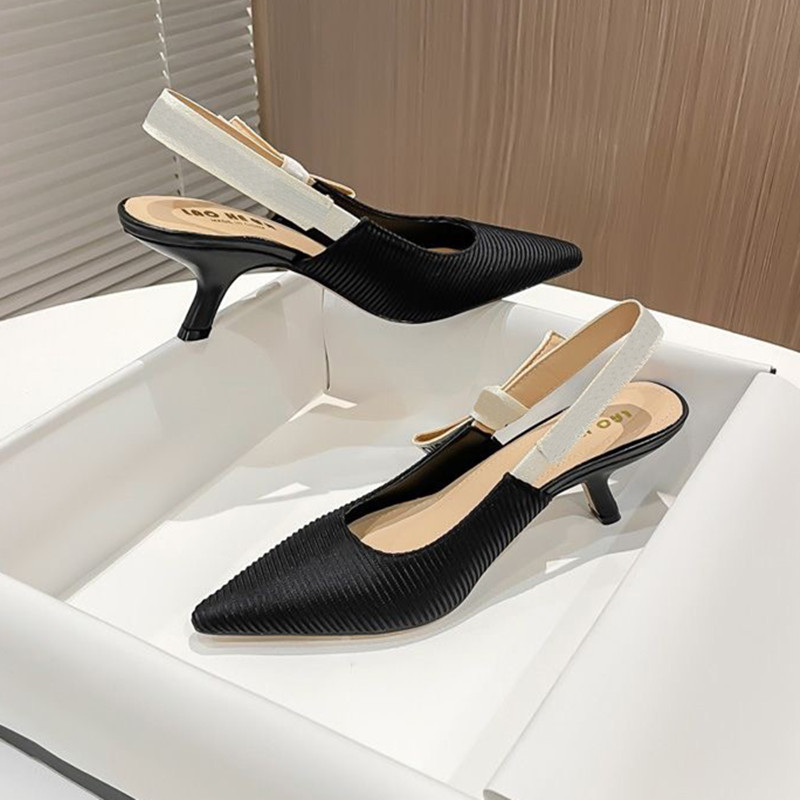 Luxury slide classic black apricot striped pointed high heels mid heeled high heels low heeled sandals 2025 High quality lace up women's shoes party and wedding shoes