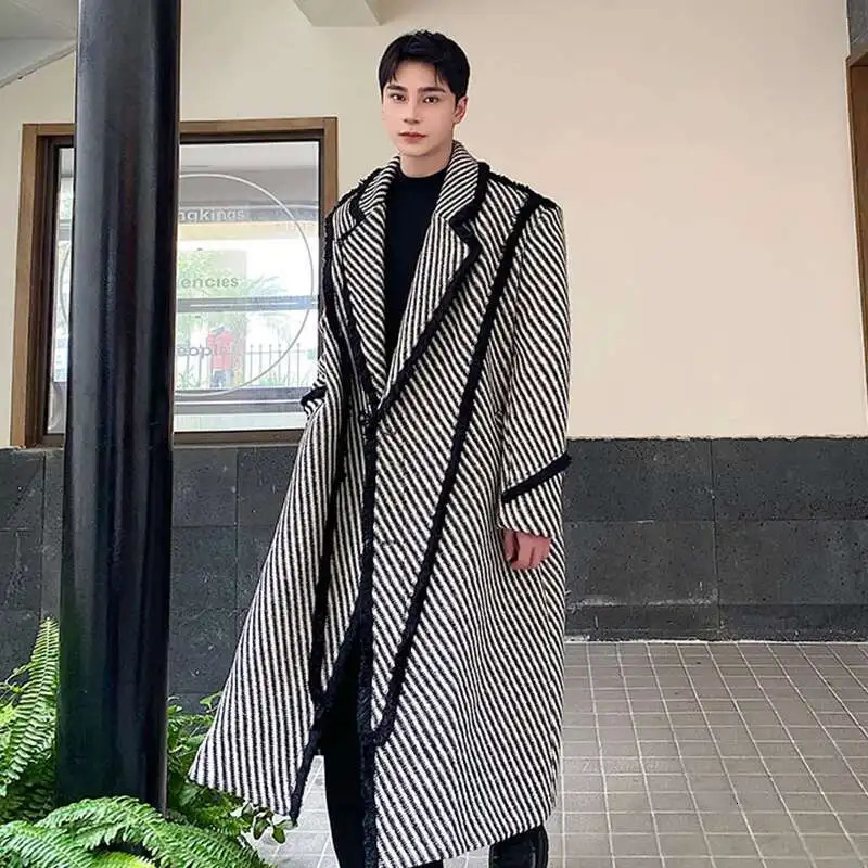 IEFB Winter Mens Woolen Long Coat Thickened Weave Twill Lapel Wool OverCoat Korean Style Windbreaker Trend Autumn 9C3302 251017