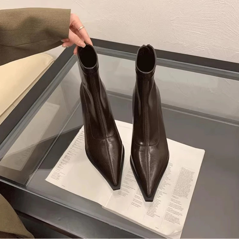 2025 Womens Ankle Boots Sexy Pointed Toe Woman Short Boots Fashion Causal Ladies Thin High Heel Boots Solid Color Stiletto 251017