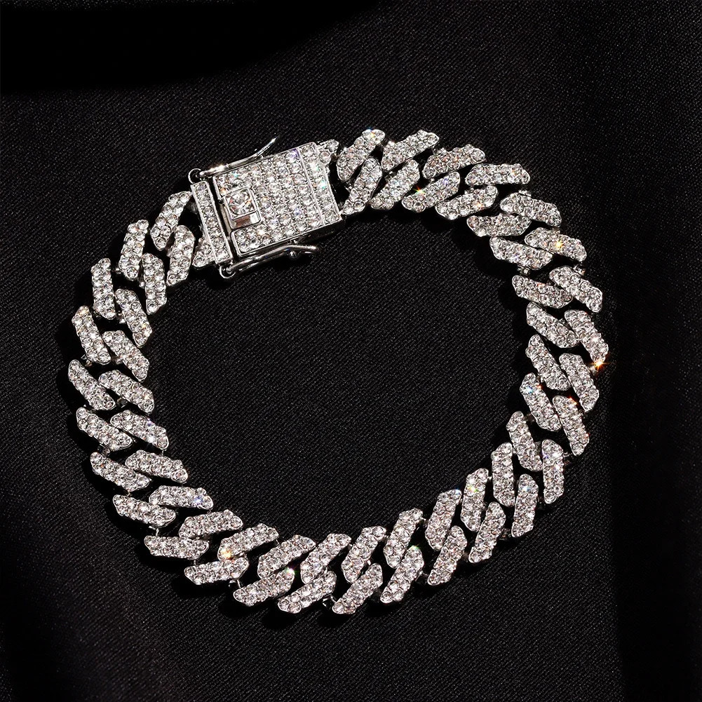 12MM Rhinestones Prong Iced Out Cuban Link Chain Hip Hop Bracelet Men Women Gold Color Bling Cuban Bracelet Jewelry A 251018