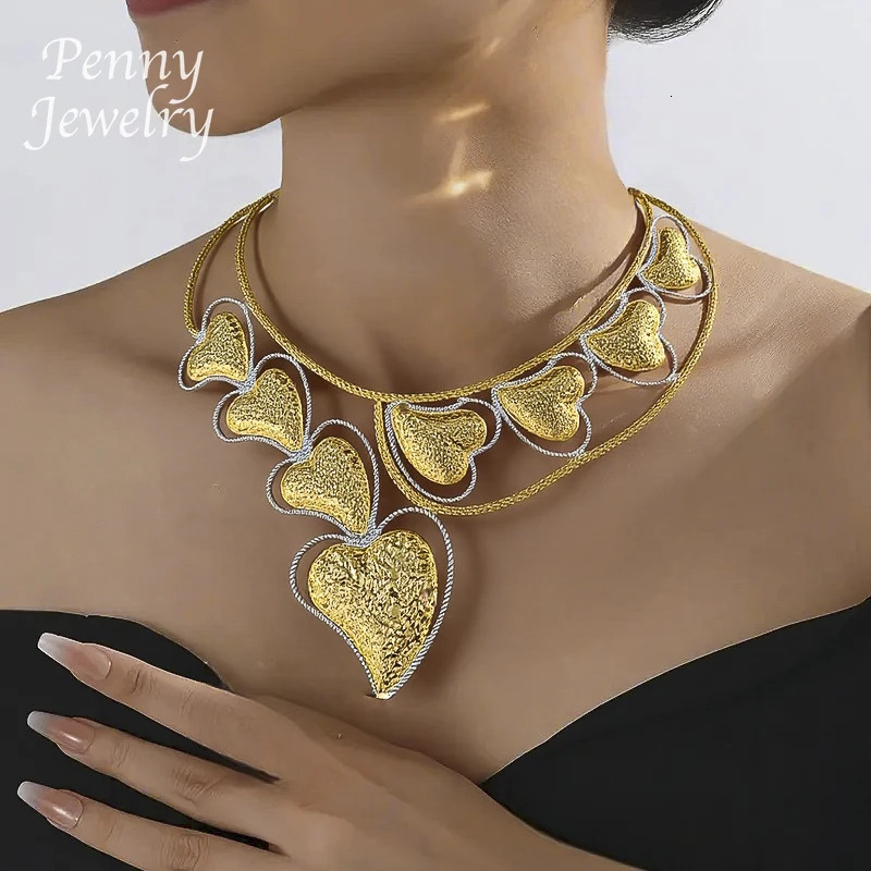 Heart Shaped Big Choker Gold Plated Jewelry Set Necklace Drop Earrings Bracelet Ring African Bridal Wedding Party Gifts 251016