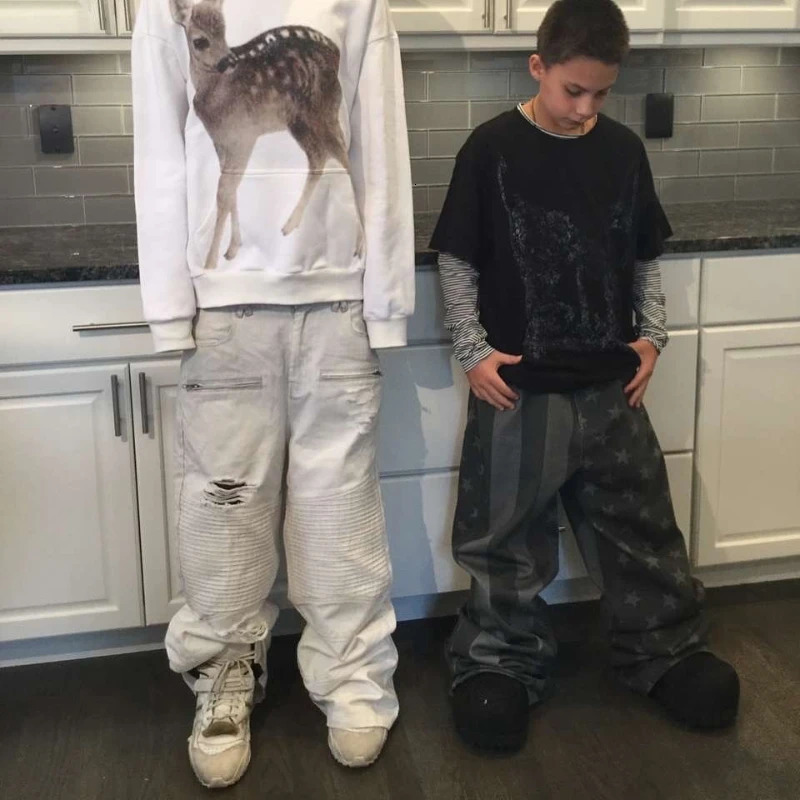 Y2K Retro Biker Denim Pants Zipper Pocket Distressed Holes Ruched Jeans Trendy High Street Streetwear Unisex Baggy Trousers 251014