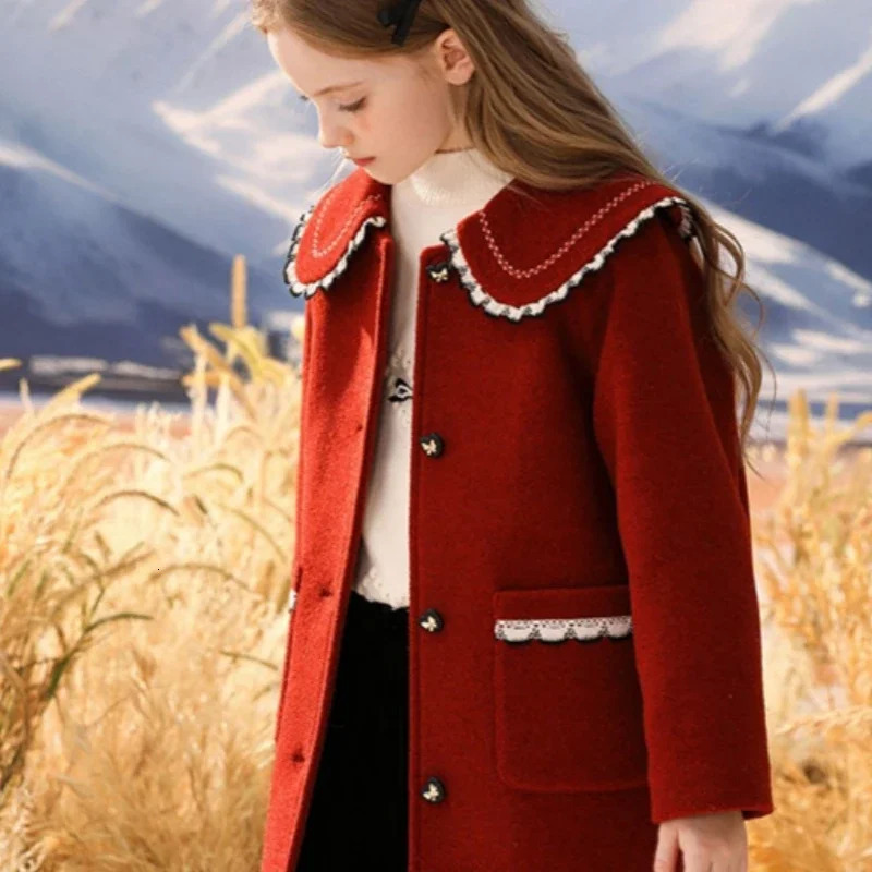Girls Woolen Coat Jacket Windbreak Red Wine Warm Thicken Winter Cotton Overcoat Christmas Teenagers Childrens Clothing 251015
